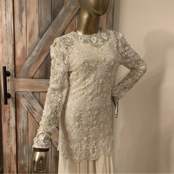 Vintage Ivory Lace, Chiffon & Sequin Dress (2 piece) Size Small - Picture 5 of 16